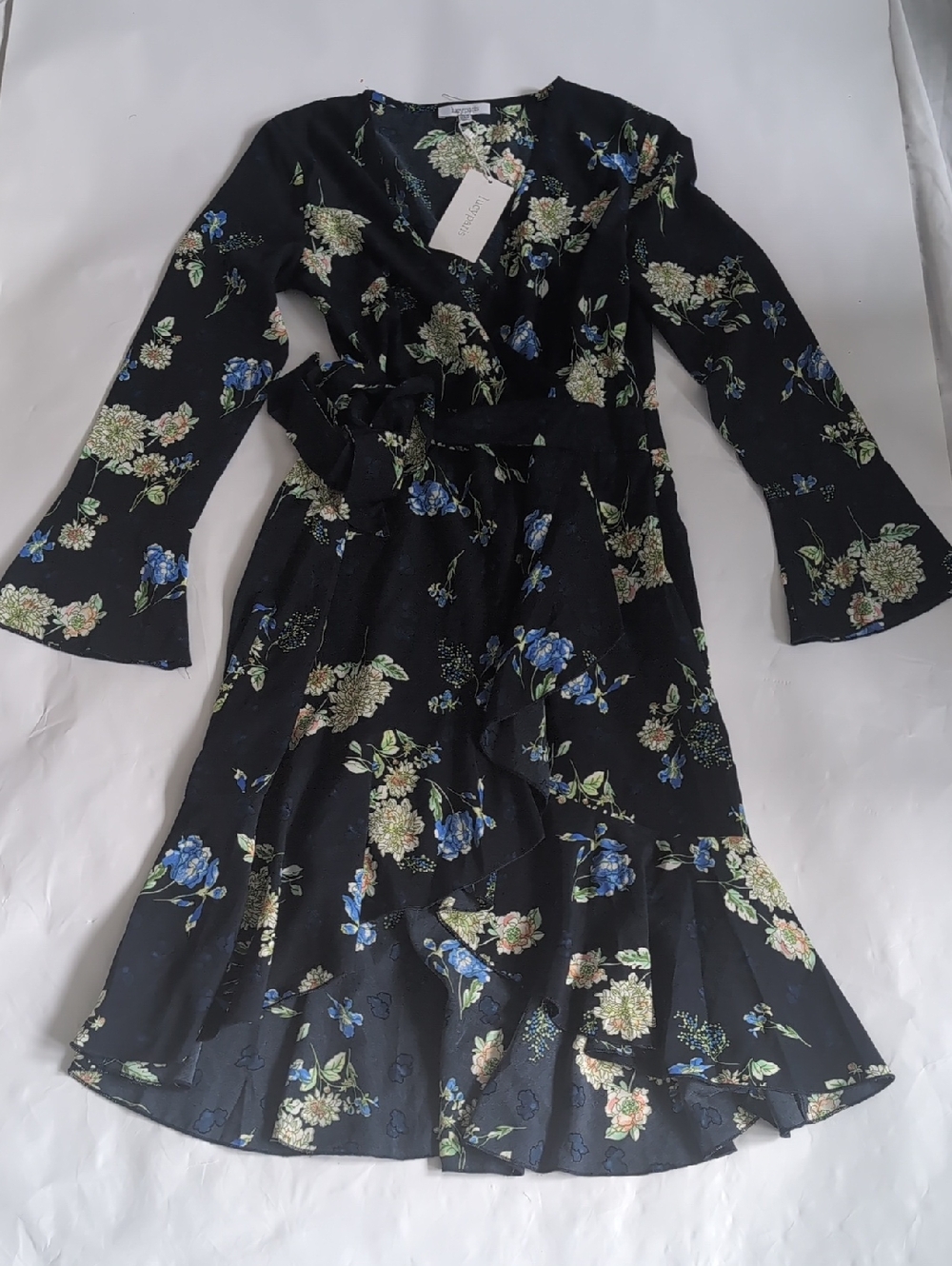 Lucy Paris Long Sleeve Black Floral Dress With Side Zip And Waist Tie